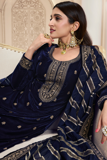 Unstitched Velvet Suit Set with Organza Dupatta - Royal Blue