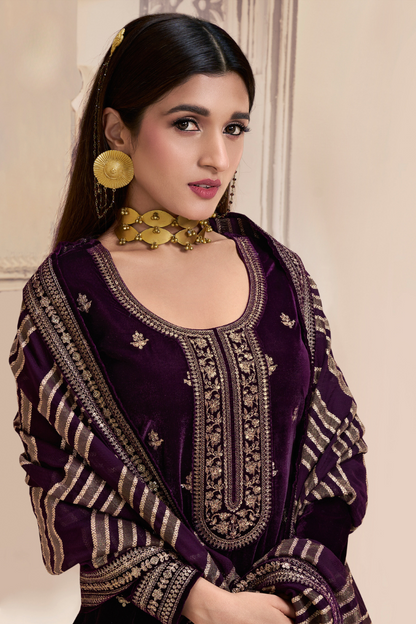 Unstitched Velvet Suit Set with Organza Dupatta - Purple