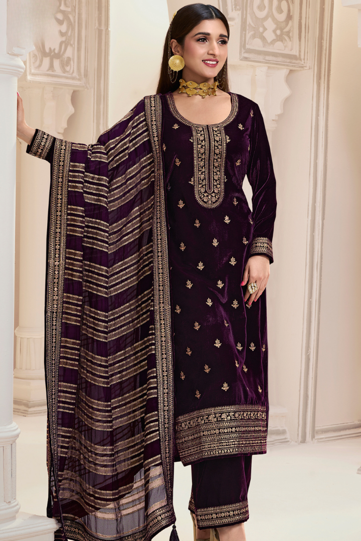 Unstitched Velvet Suit Set with Organza Dupatta - Purple