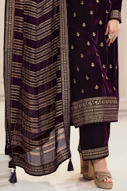 Unstitched Velvet Suit Set with Organza Dupatta - Purple