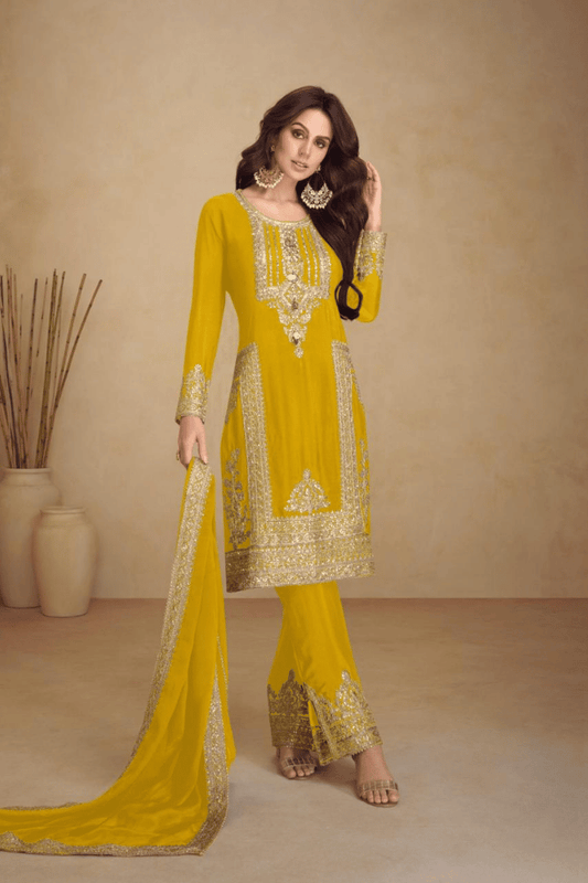 Sakhi - Yellow Chinon Sleek Kurta Set