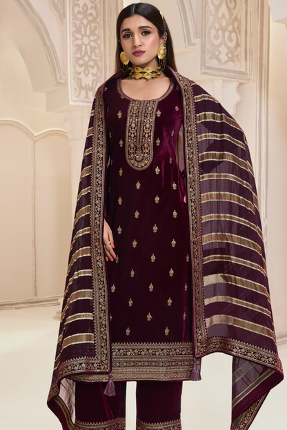 Unstitched Velvet Suit Set with Organza Dupatta - Deep Wine