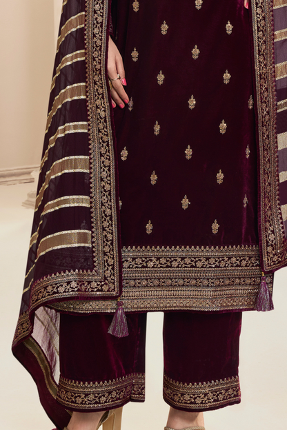 Unstitched Velvet Suit Set with Organza Dupatta - Deep Wine