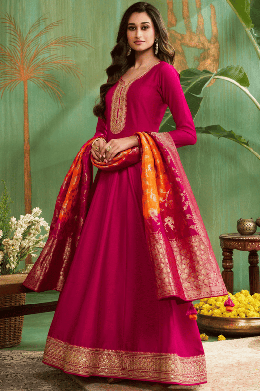 Sakhi - Red Anarkali with Banarsi Dupatta