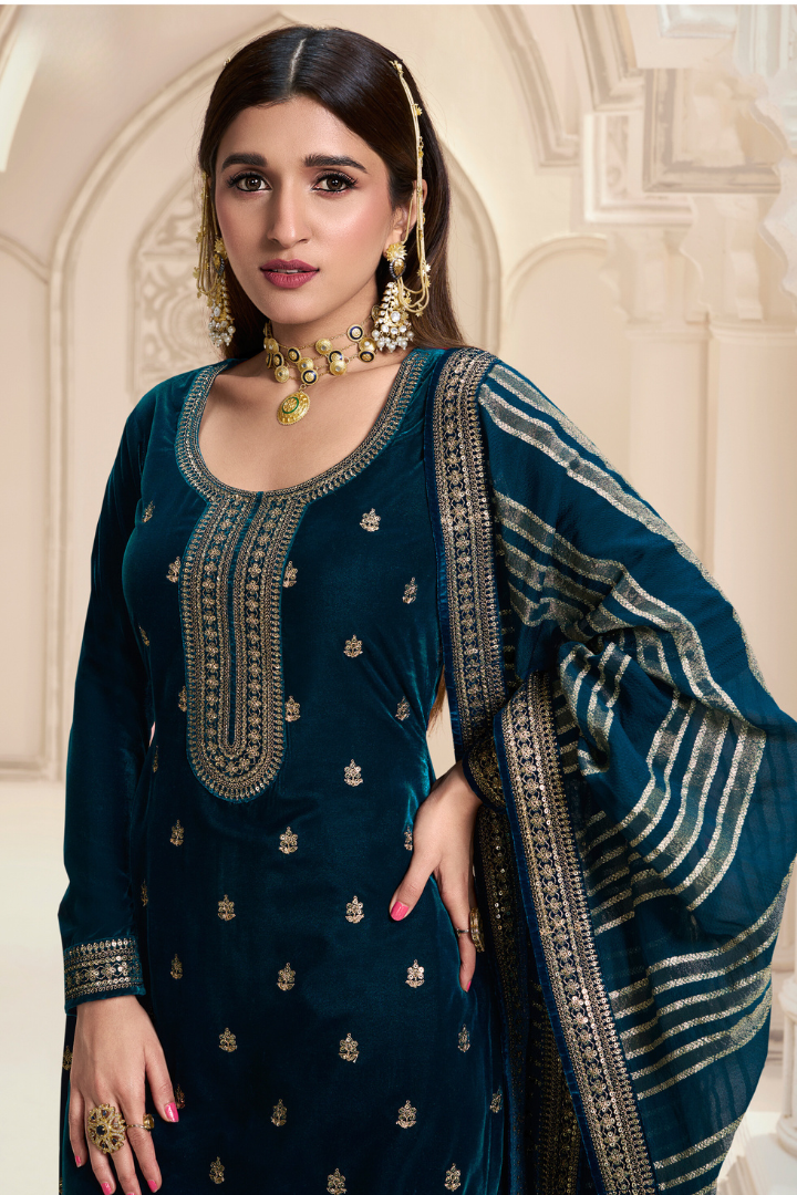 Unstitched Velvet Suit Set with Organza Dupatta - Blue