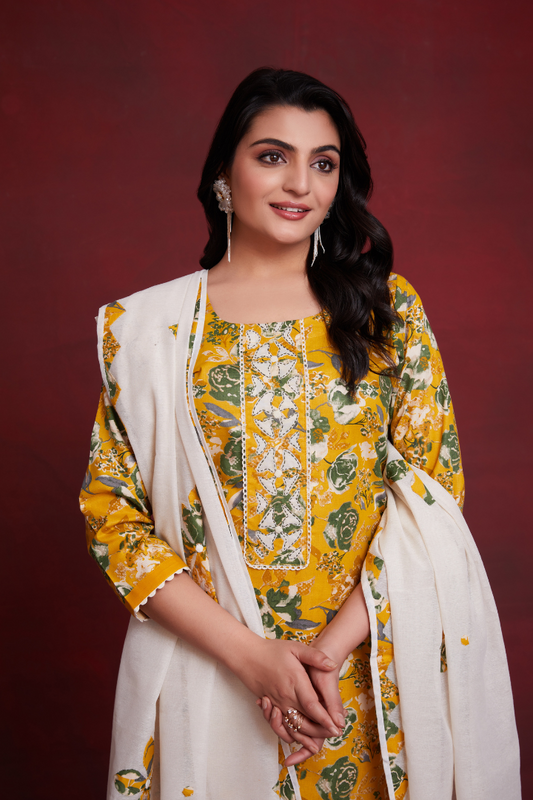 Rozana - Cotton Yellow Floral Suit Set