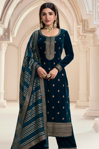 Unstitched Velvet Suit Set with Organza Dupatta - Blue