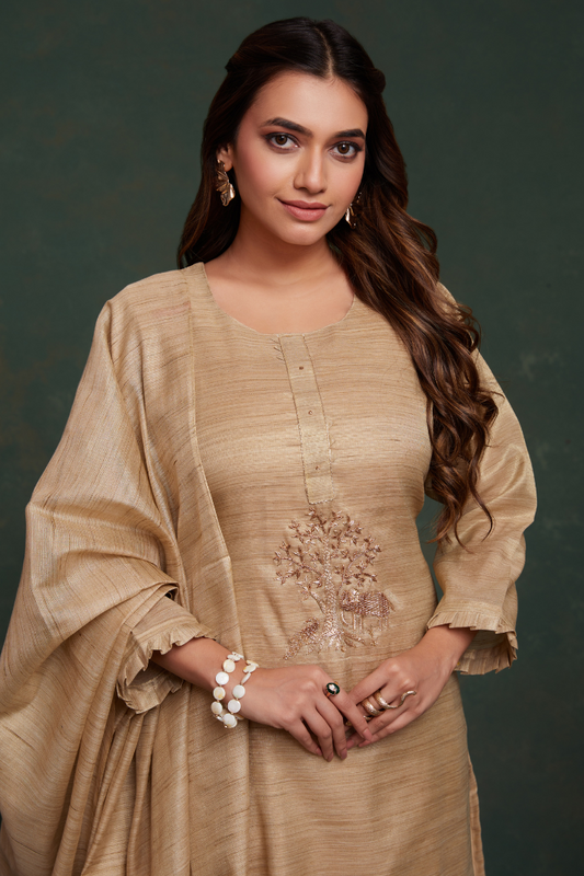 Rozana - Premium Silk Beige Figure Suit Set