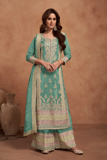 Sakhi - Teal Sharara Set with Zari Work