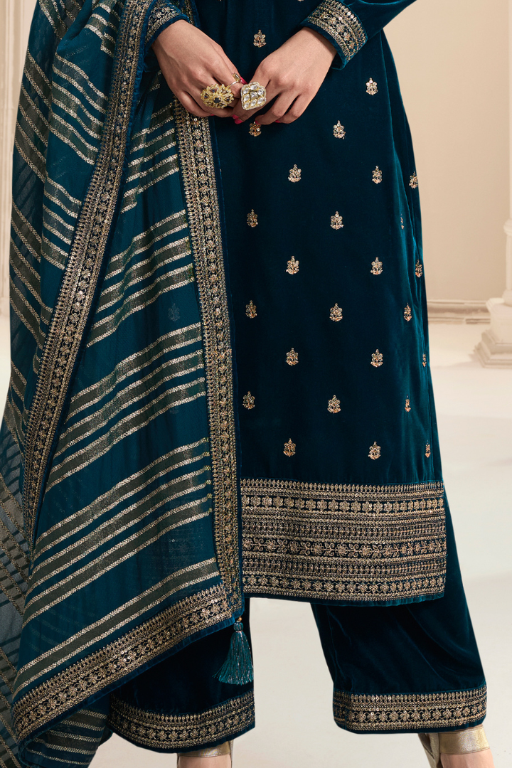 Unstitched Velvet Suit Set with Organza Dupatta - Blue