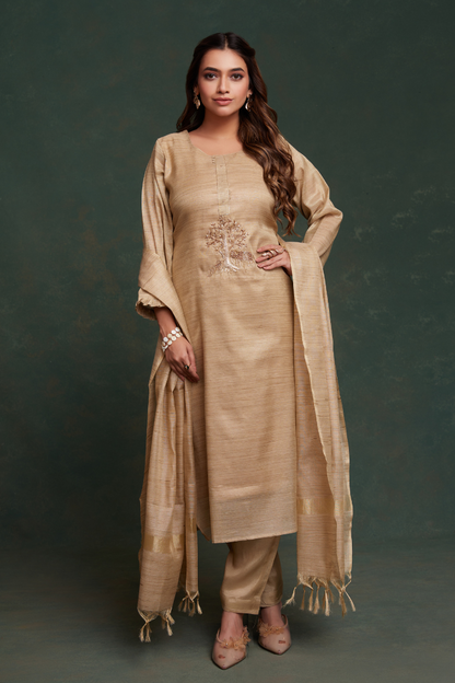 Rozana - Premium Silk Beige Figure Suit Set