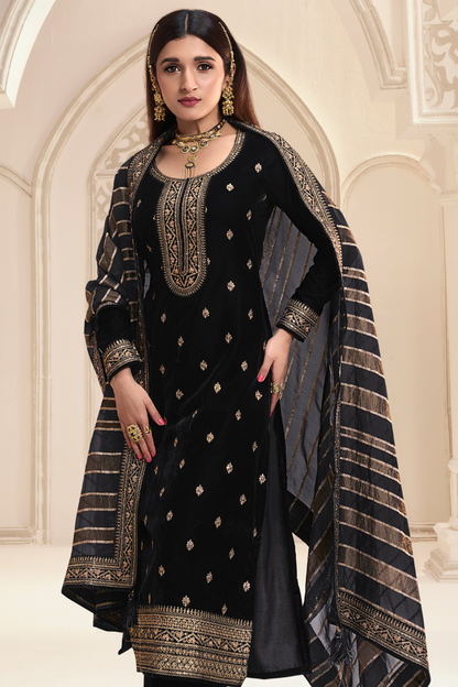 Unstitched Velvet Suit Set with Organza Dupatta - Black