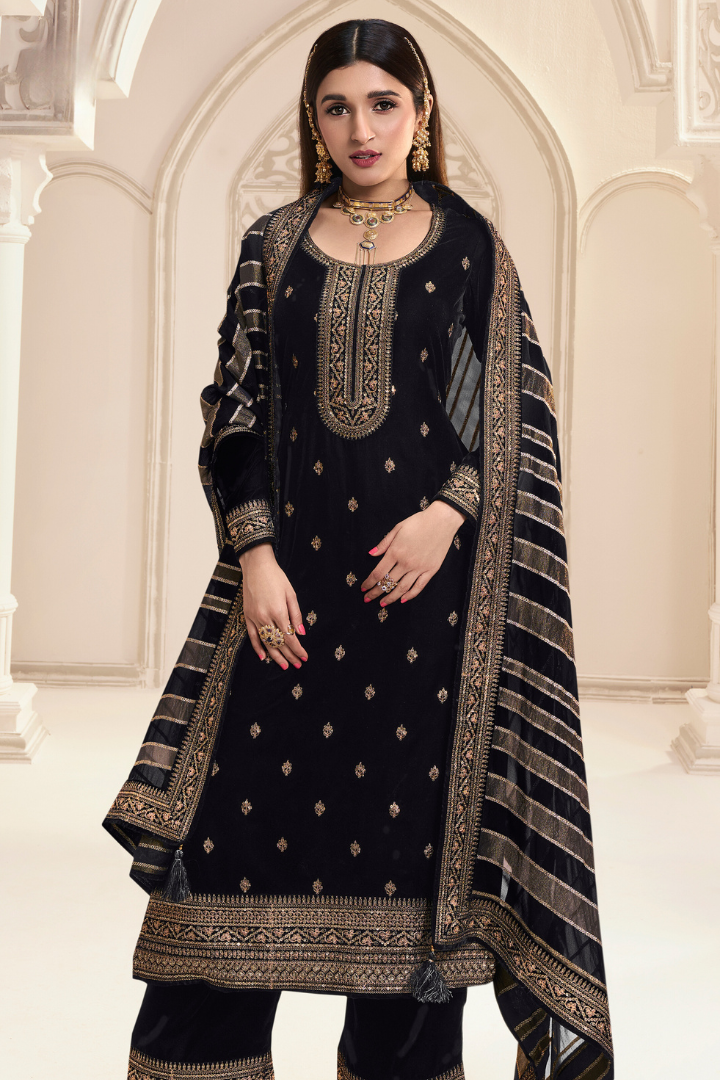 Unstitched Velvet Suit Set with Organza Dupatta - Black