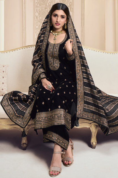 Unstitched Velvet Suit Set with Organza Dupatta - Black