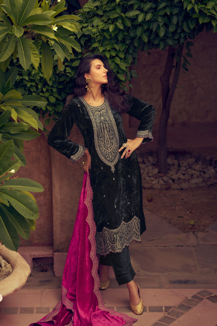 Unstitched Velvet Suit Set with Contrast Dupatta - Black