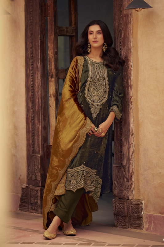 Unstitched Velvet Suit Set with Contrast Dupatta - Dark Green