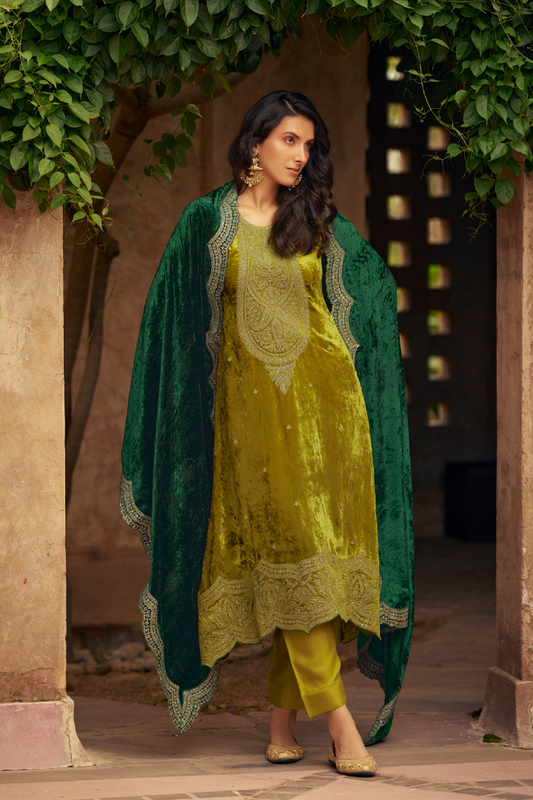 Unstitched Velvet Suit Set with Contrast Dupatta - Mustard