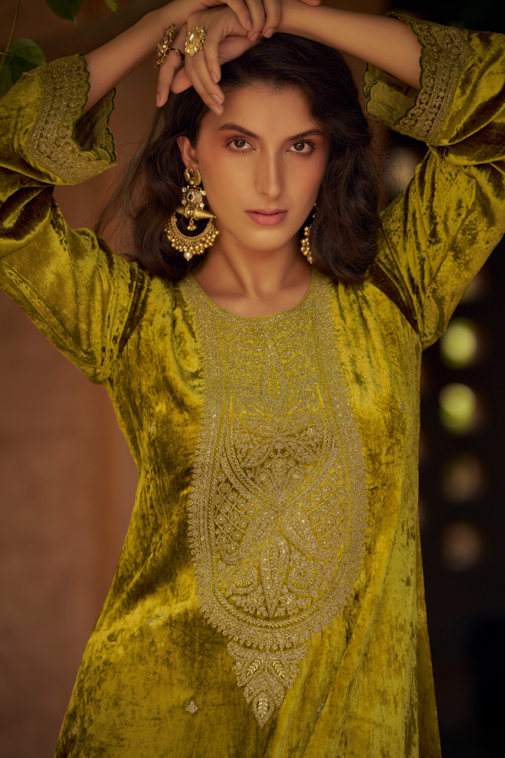 Unstitched Velvet Suit Set with Contrast Dupatta - Mustard