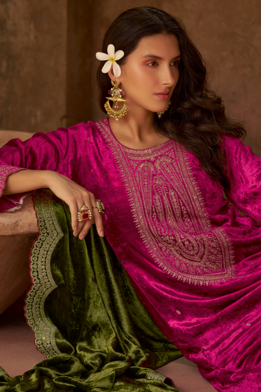 Unstitched Velvet Suit Set with Contrast Dupatta - Pink