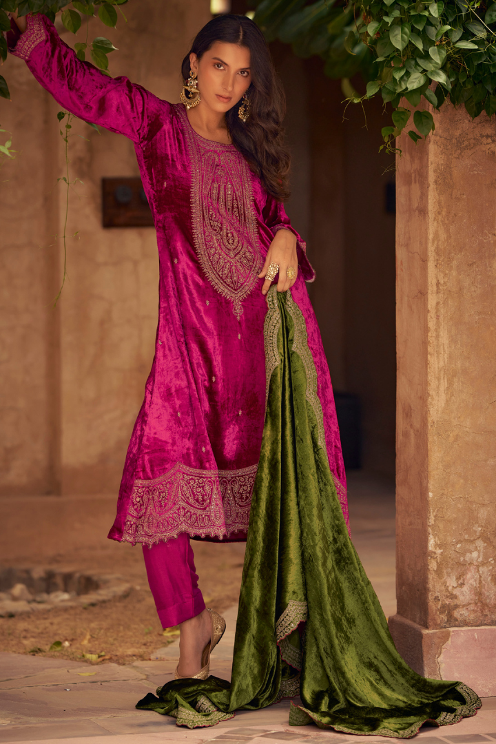 Unstitched Velvet Suit Set with Contrast Dupatta - Pink