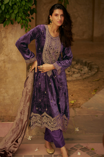 Unstitched Velvet Suit Set with Contrast Dupatta - Purple