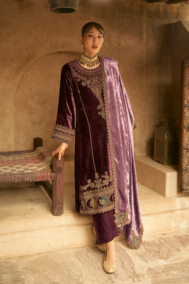 Unstitched Velvet Suit Set - Dark Purple