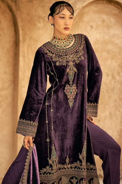 Unstitched Velvet Suit Set - Purple