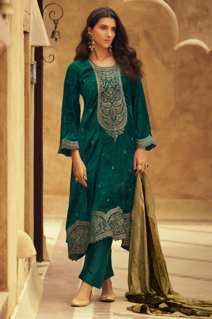 Unstitched Velvet Suit Set with Contrast Dupatta - Teal