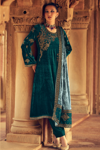 Unstitched Velvet Suit Set with Floral Embroidery - Teal Blue