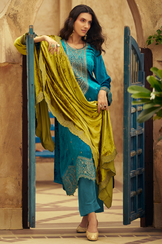 Unstitched Velvet Suit Set with Contrast Dupatta - Turquoise